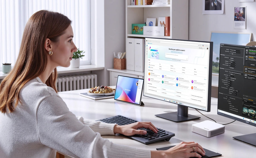 Domáca kancelária s viacerými obrazovkami a Mini PC