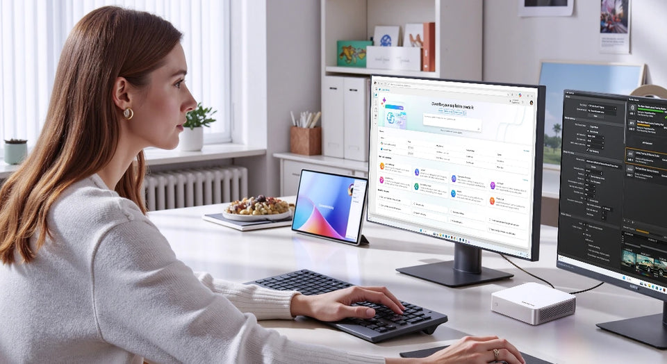 Domáca kancelária s viacerými obrazovkami a Mini PC